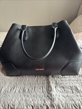 Nine West Black Pebbled Top-Handle Satchel with Gold Logo